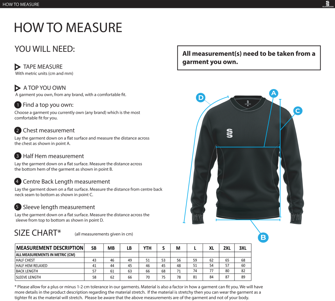 Olton WWHC - Run Out Top - Unisex Fit - Size Guide