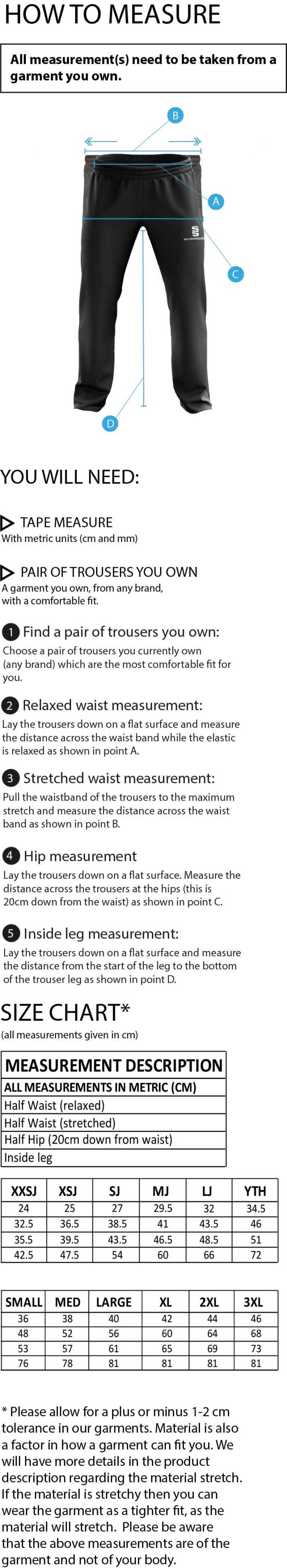 Olton WWHC - Dual Poplin Track Pant - Unisex Fit - Size Guide