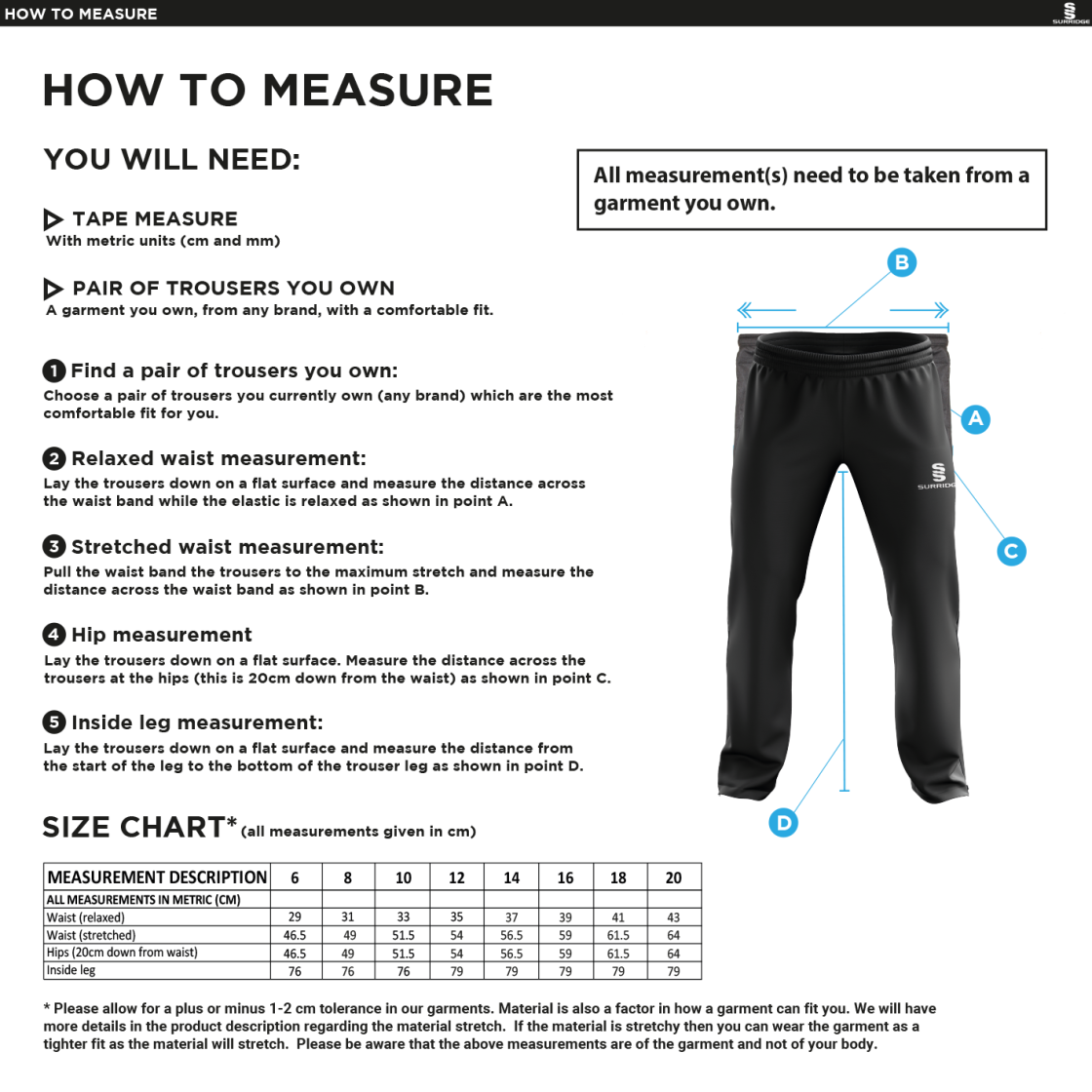 Olton & West Warwickshire Hockey Club Poplin Track Pant - Size Guide