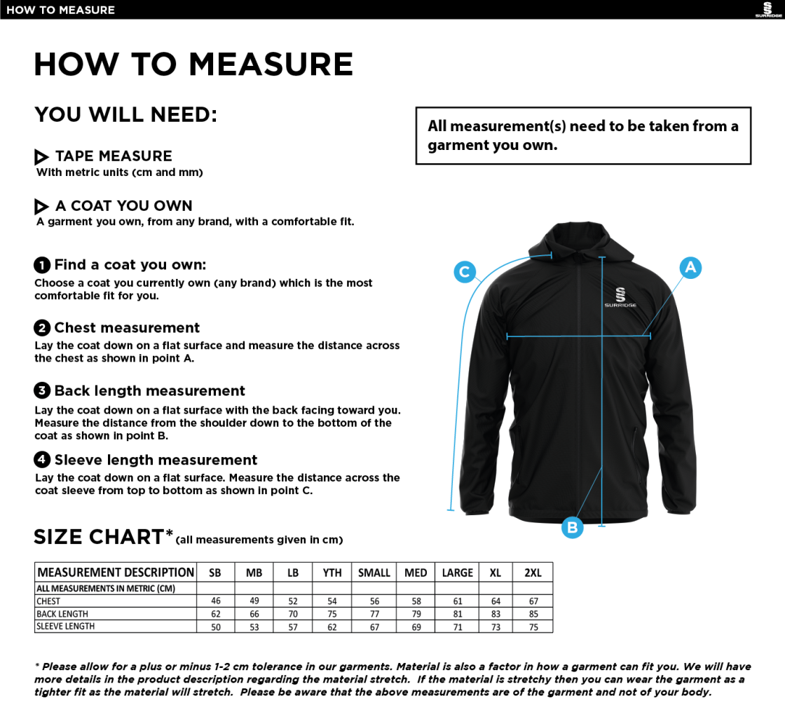 Olton WWHC - Dual Elite 1/4 Zip Hoody / Rain Jacket - Unisex Fit - Size Guide