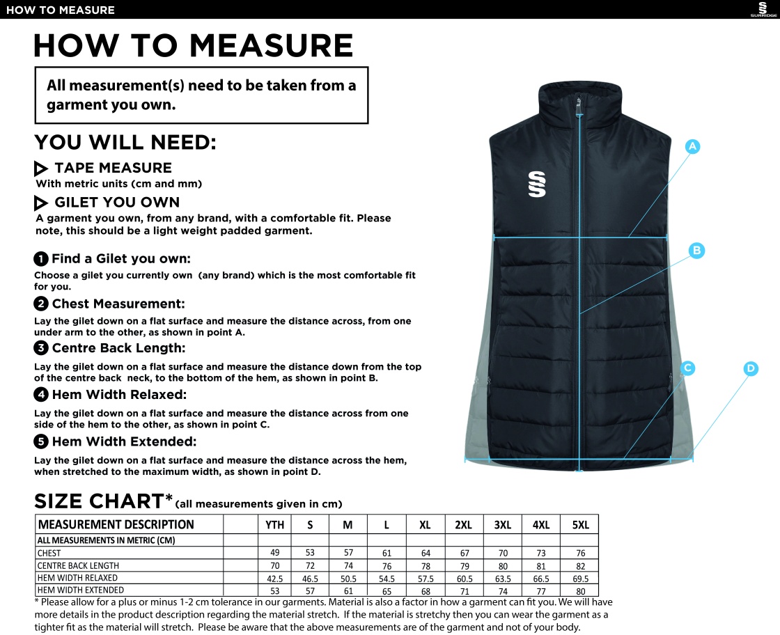 Olton & West Warwickshire Hockey Club Padded Bodywarmer : Navy - Size Guide