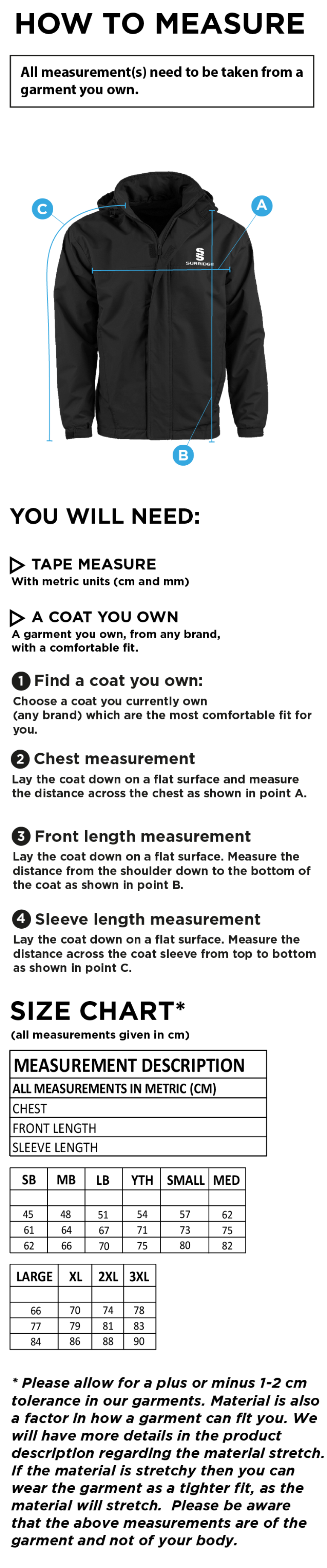 Olton WWHC - Fleece Line Jacket - Unisex Fit - Size Guide