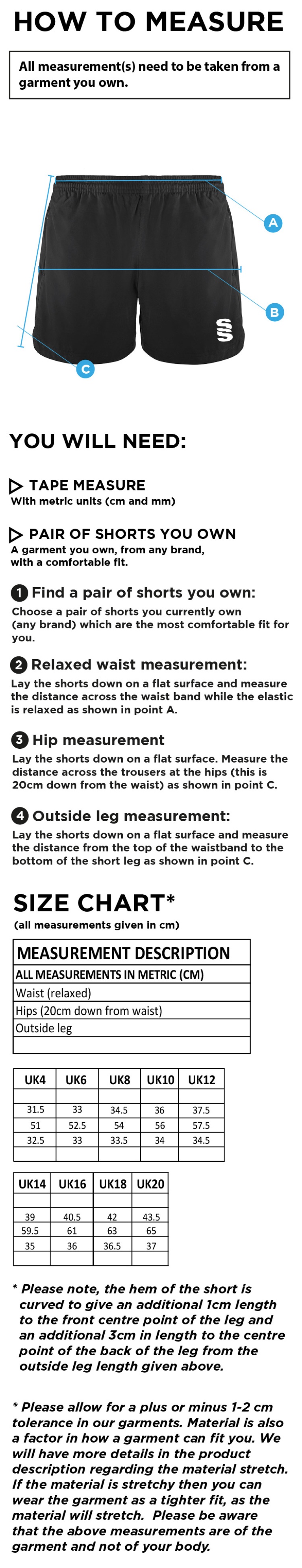 Olton WWHC - Performance Gym Short - Women's Fit - Size Guide