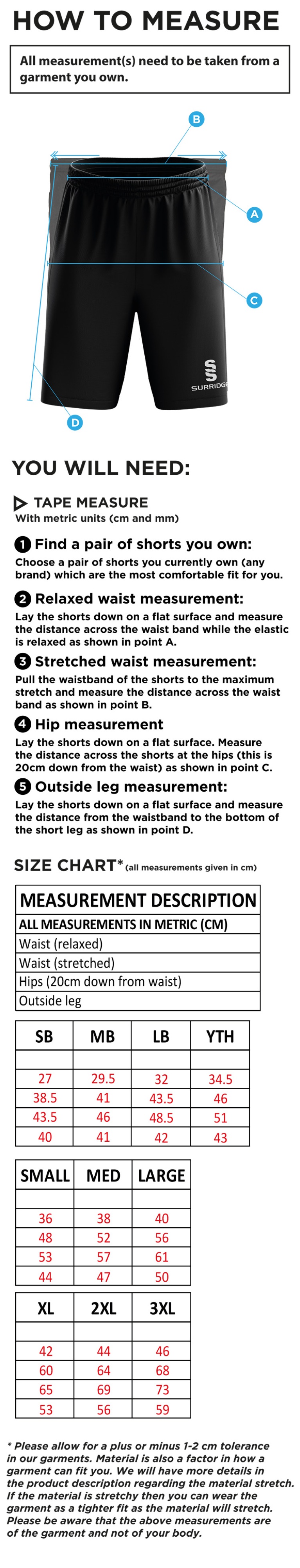 Olton WWHC - Ripstop Pocketed Shorts - Unisex Fit - Size Guide