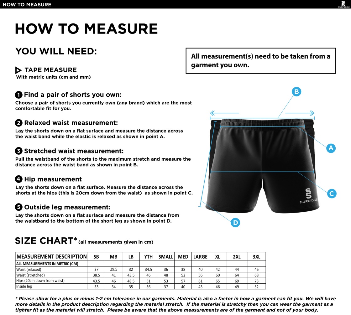 Olton WWHC - Performance Gym Short - Unisex Fit - Size Guide