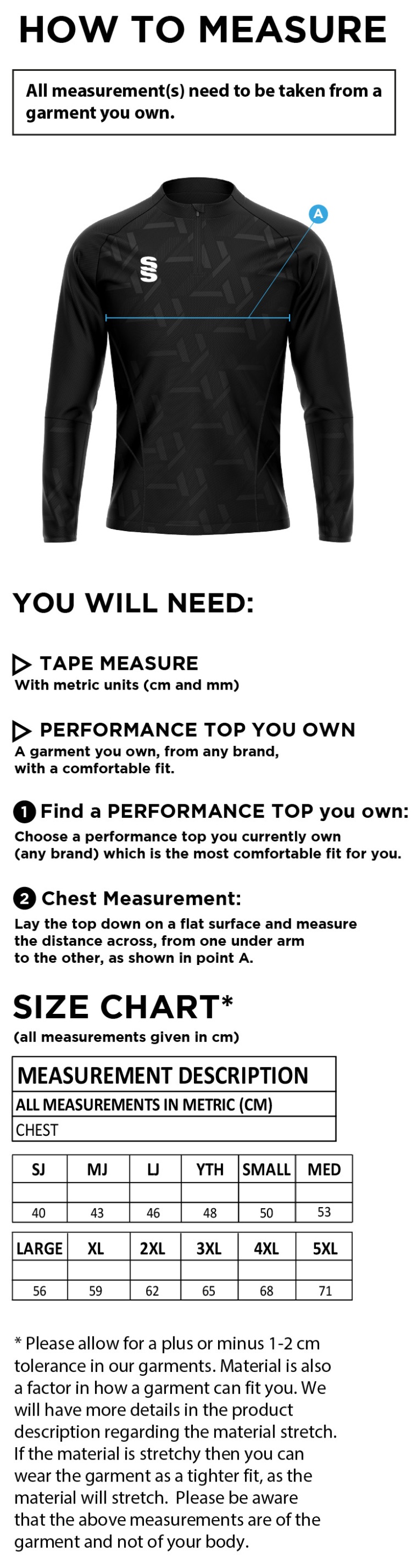 Olton WWHC - Impact 1/4 Zip Performance Top - Unisex Fit - Size Guide