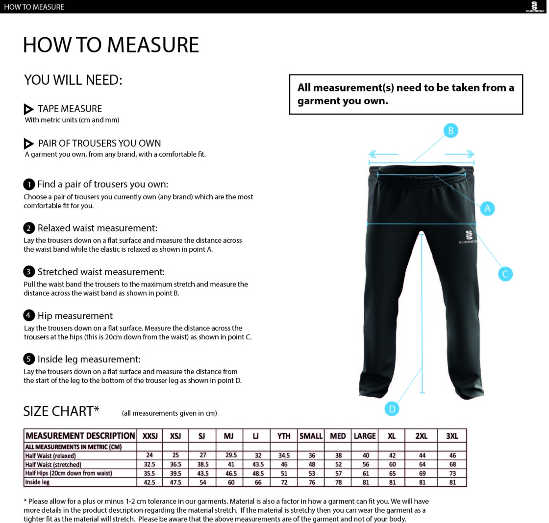 Olton & West Warwickshire Hockey Club Dual Poplin Track Pant - Men's/Unisex Fit - Size Guide