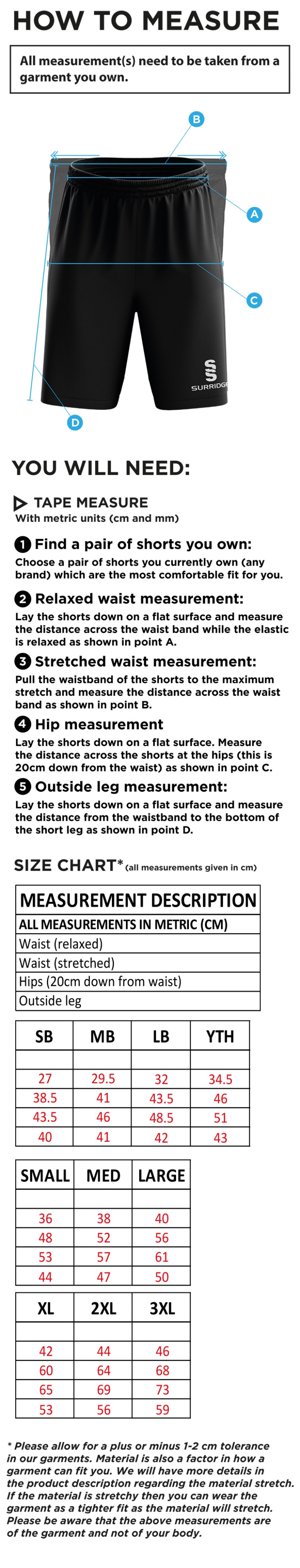 Olton & West Warwickshire Hockey Club Ripstop Shorts Navy - Size Guide