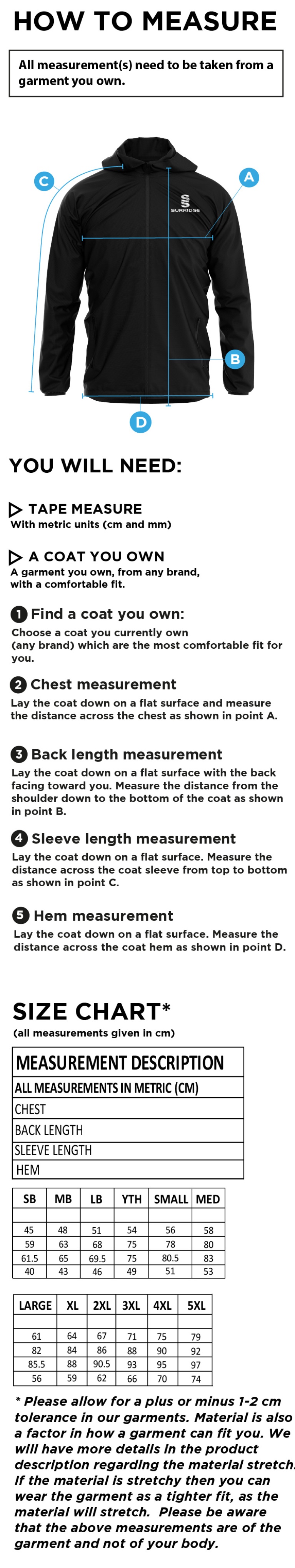 Olton WWHC - Dual Full Zip Training Jacket - Unisex Fit - Size Guide