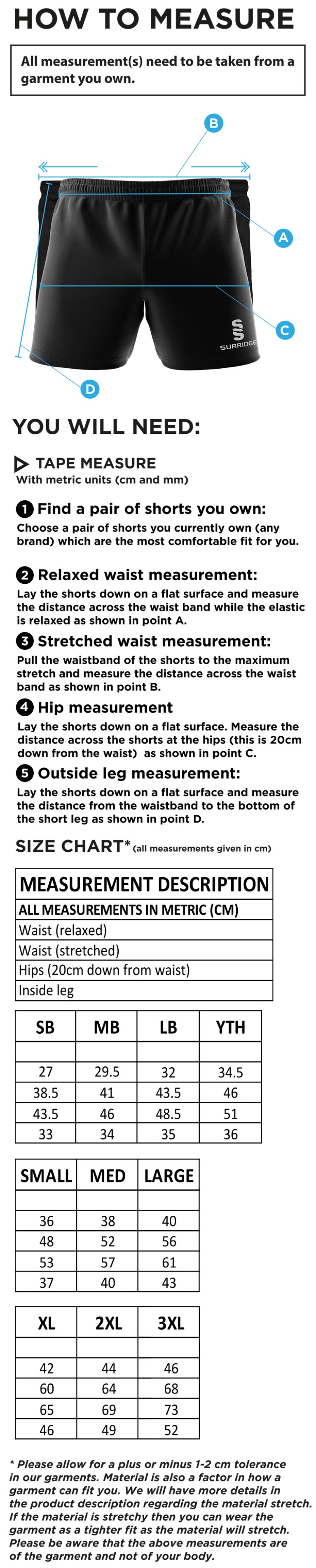 Olton WWHC - Performance Gym Short - Unisex Fit - Size Guide