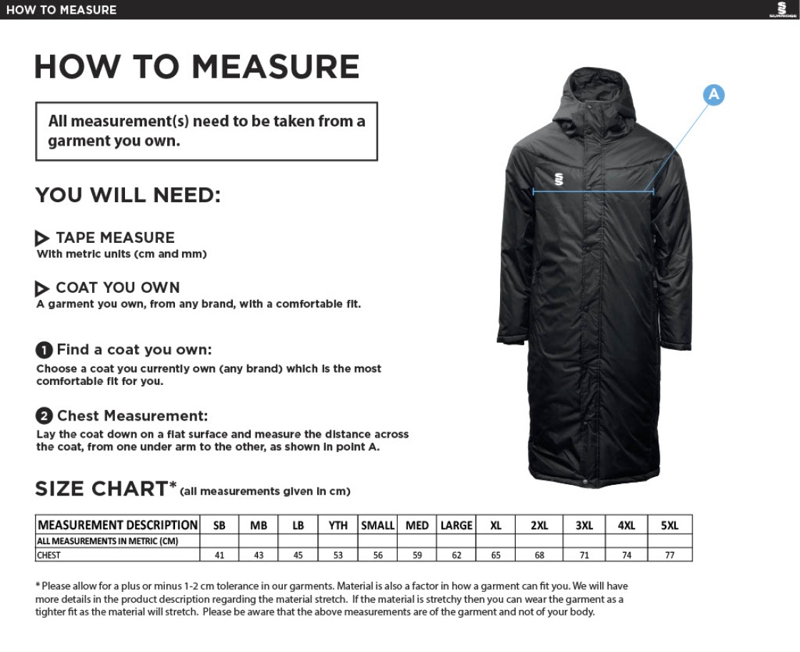 Olton & West Warwickshire Hockey Club Full Length Sub Coat - Size Guide