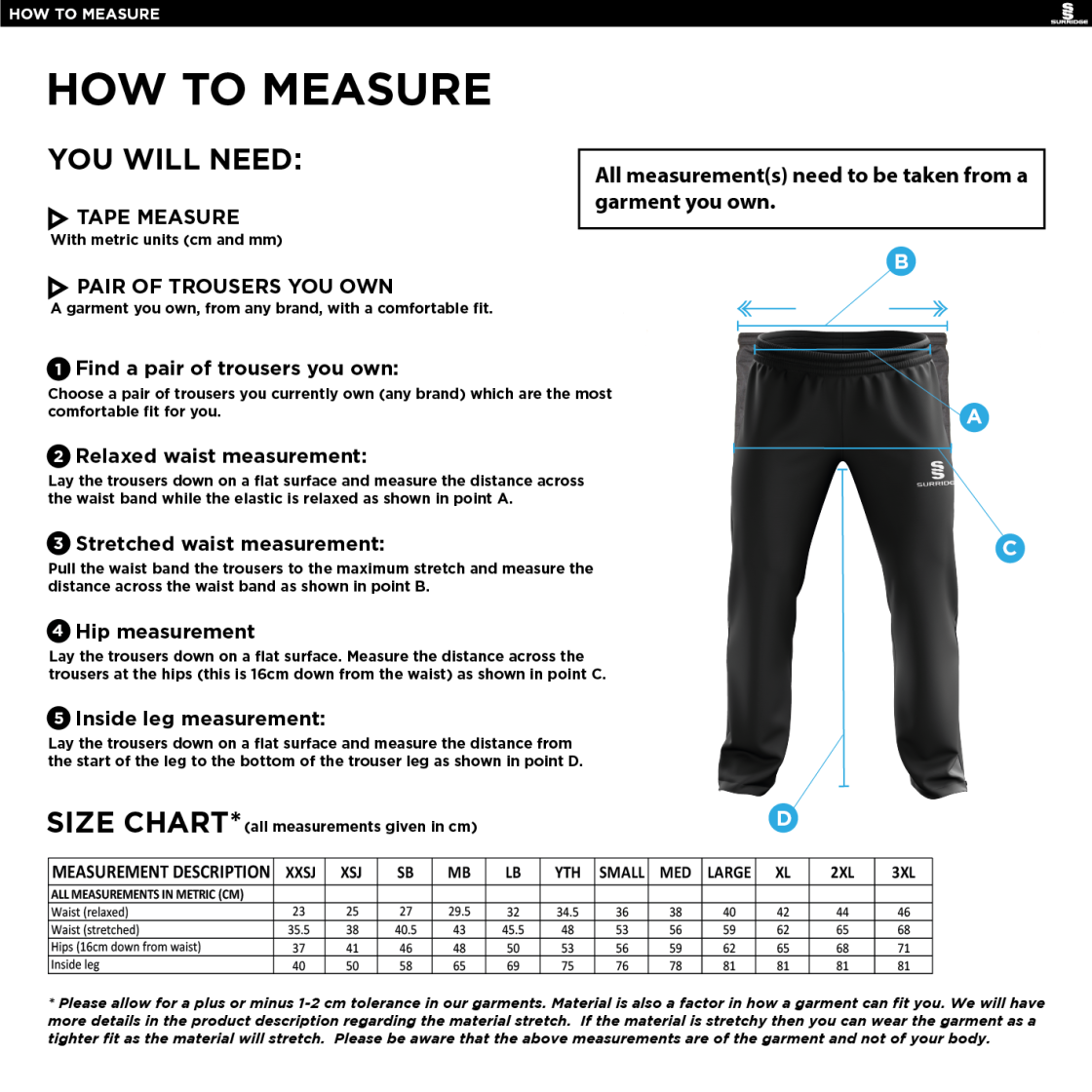 Olton & West Warwickshire Hockey Club Poplin Track PantS - Size Guide