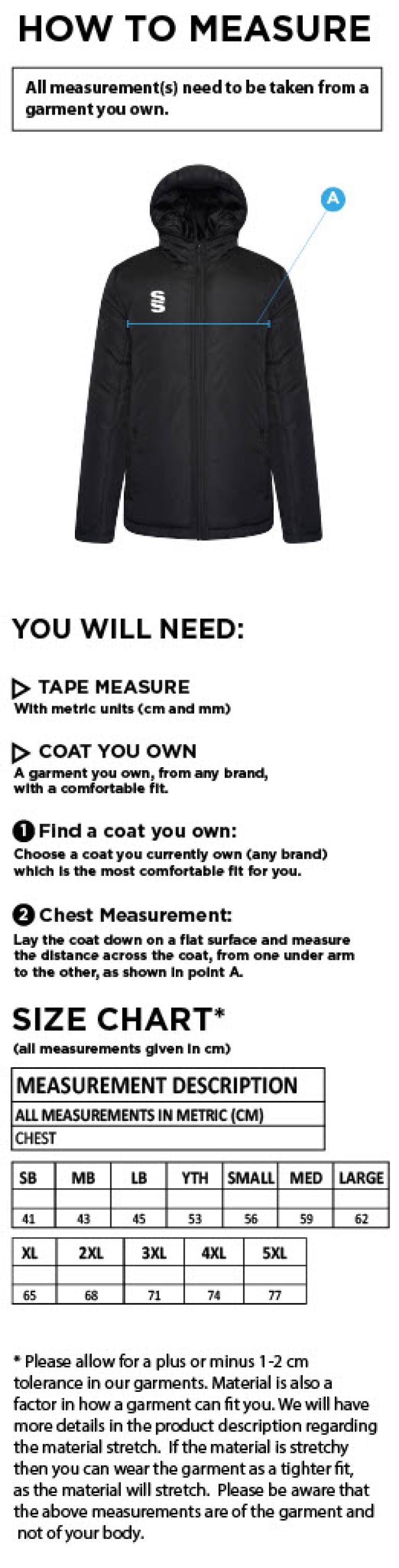 Olton WWHC - Active Padded Jacket - Unisex Fit - Size Guide