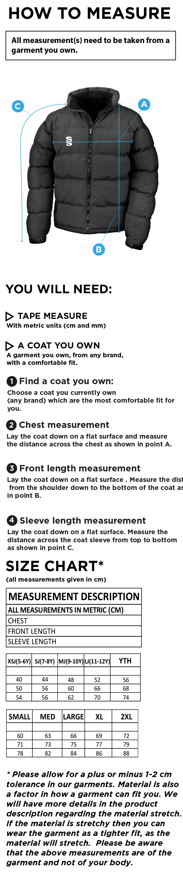 Olton WWHC - Holkham Down Feel Jacket - Unisex Fit - Size Guide