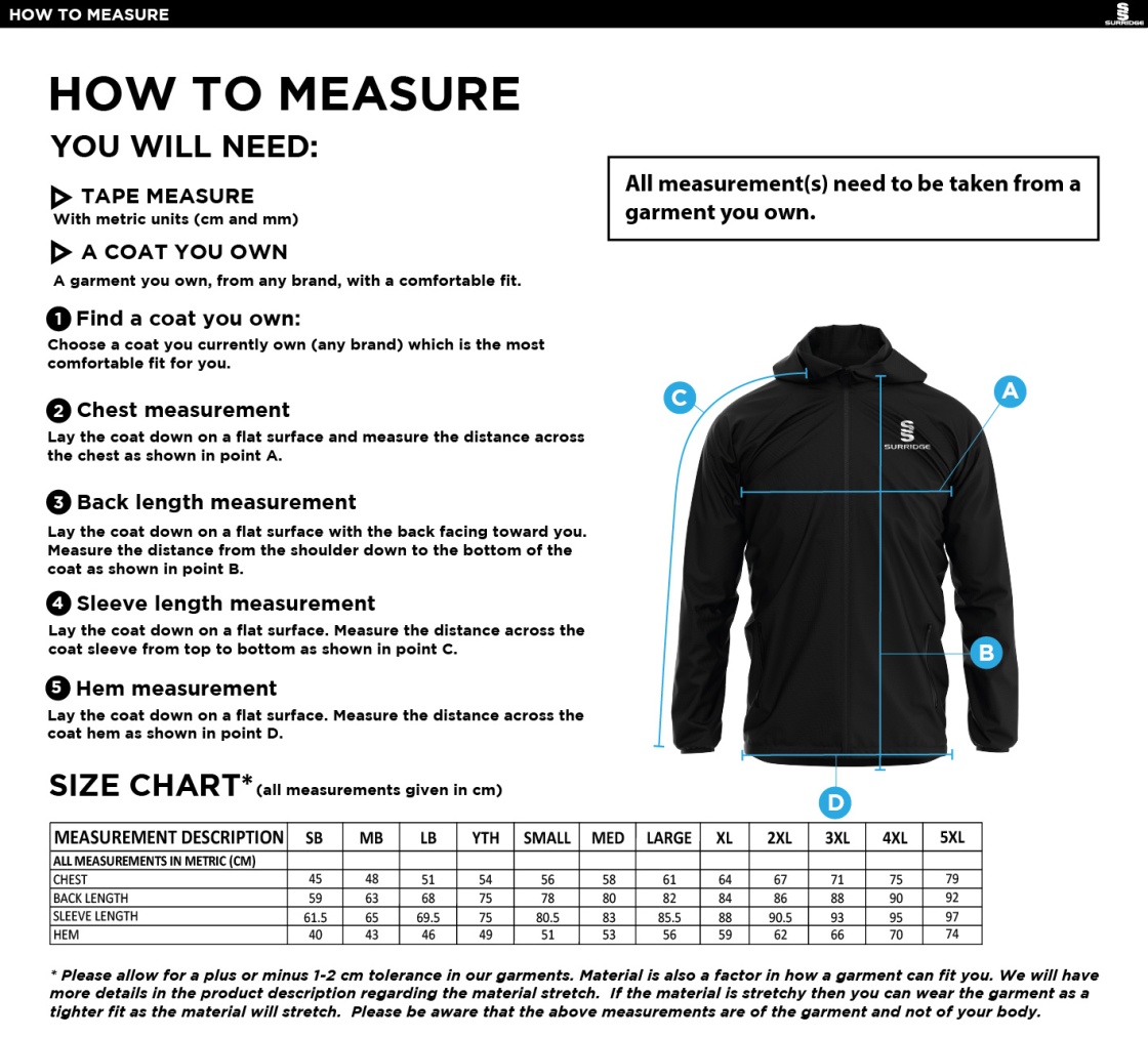 Olton WWHC - Dual Full Zip Training Jacket - Unisex Fit - Size Guide