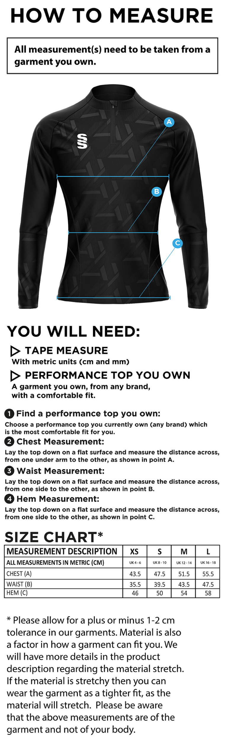 Olton WWHC - Impact 1/4 Zip Performance Top - Women's Fit - Size Guide
