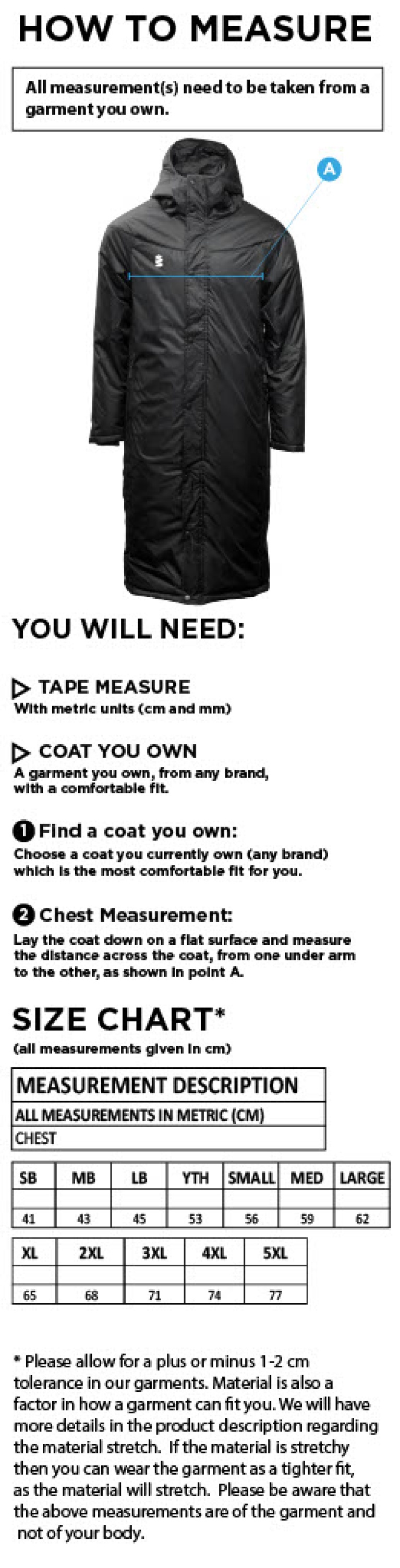 Olton & West Warwickshire Hockey Club Full Length Sub Coat - Size Guide