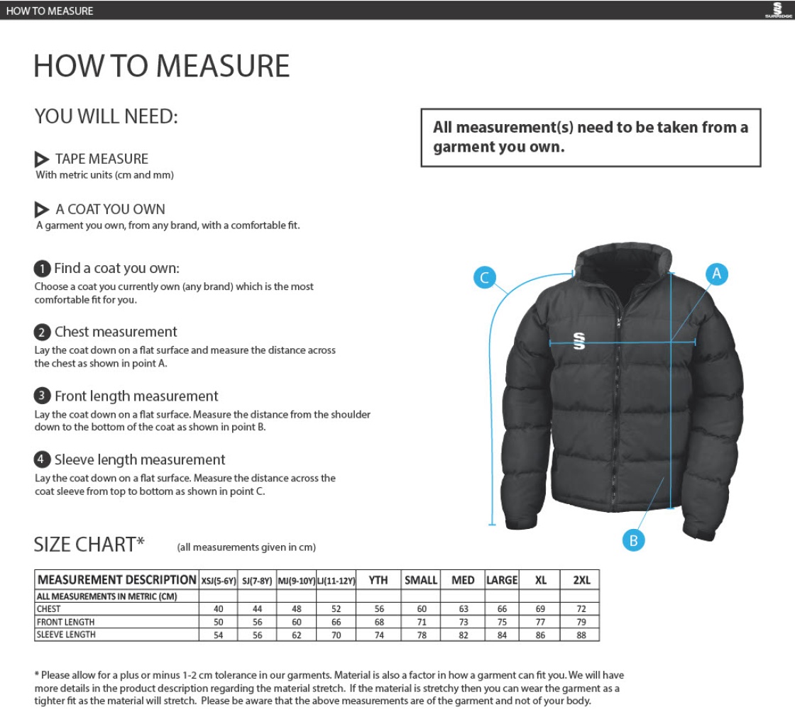 Olton WWHC - Holkham Down Feel Jacket - Unisex Fit - Size Guide