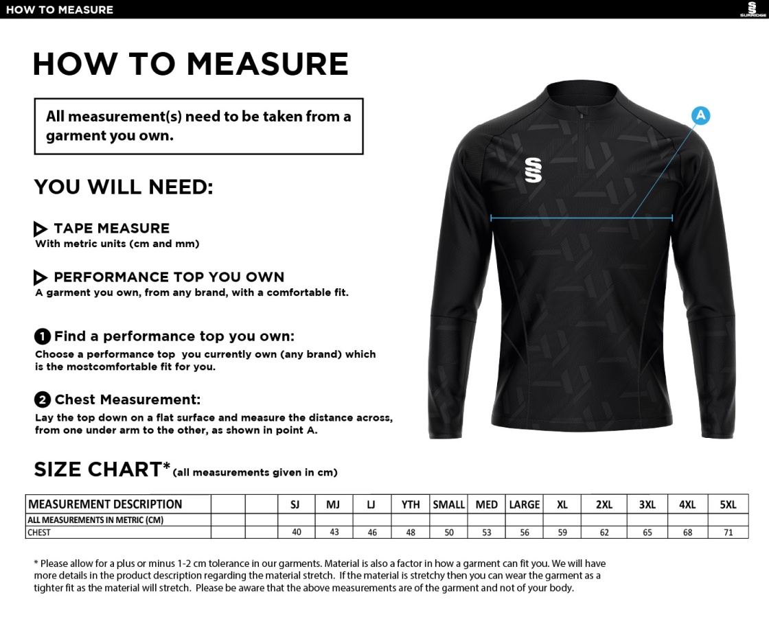 Olton WWHC - Impact 1/4 Zip Performance Top - Unisex Fit - Size Guide