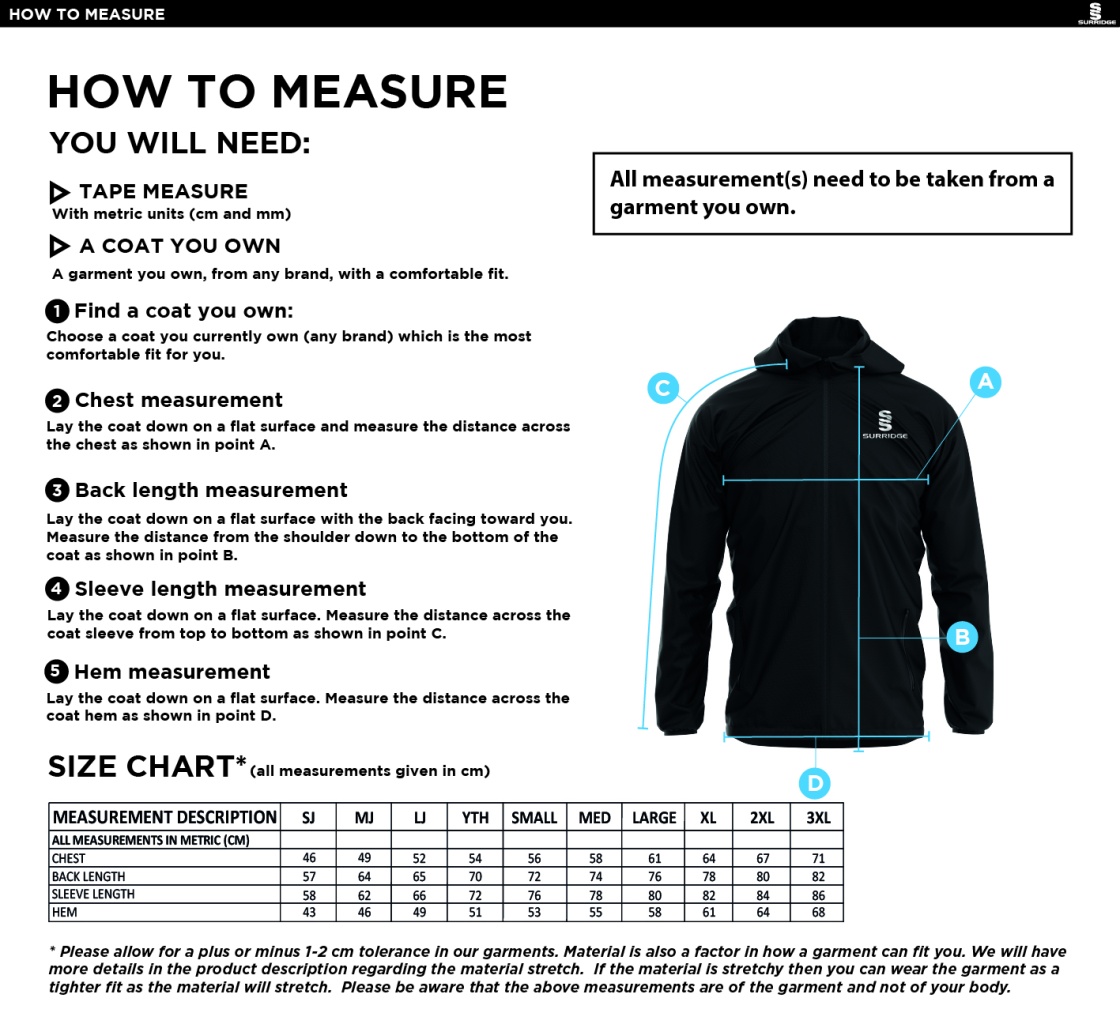 Olton WWHC - Dual Elite 1/4 Zip Hoody / Rain Jacket - Unisex Fit - Size Guide