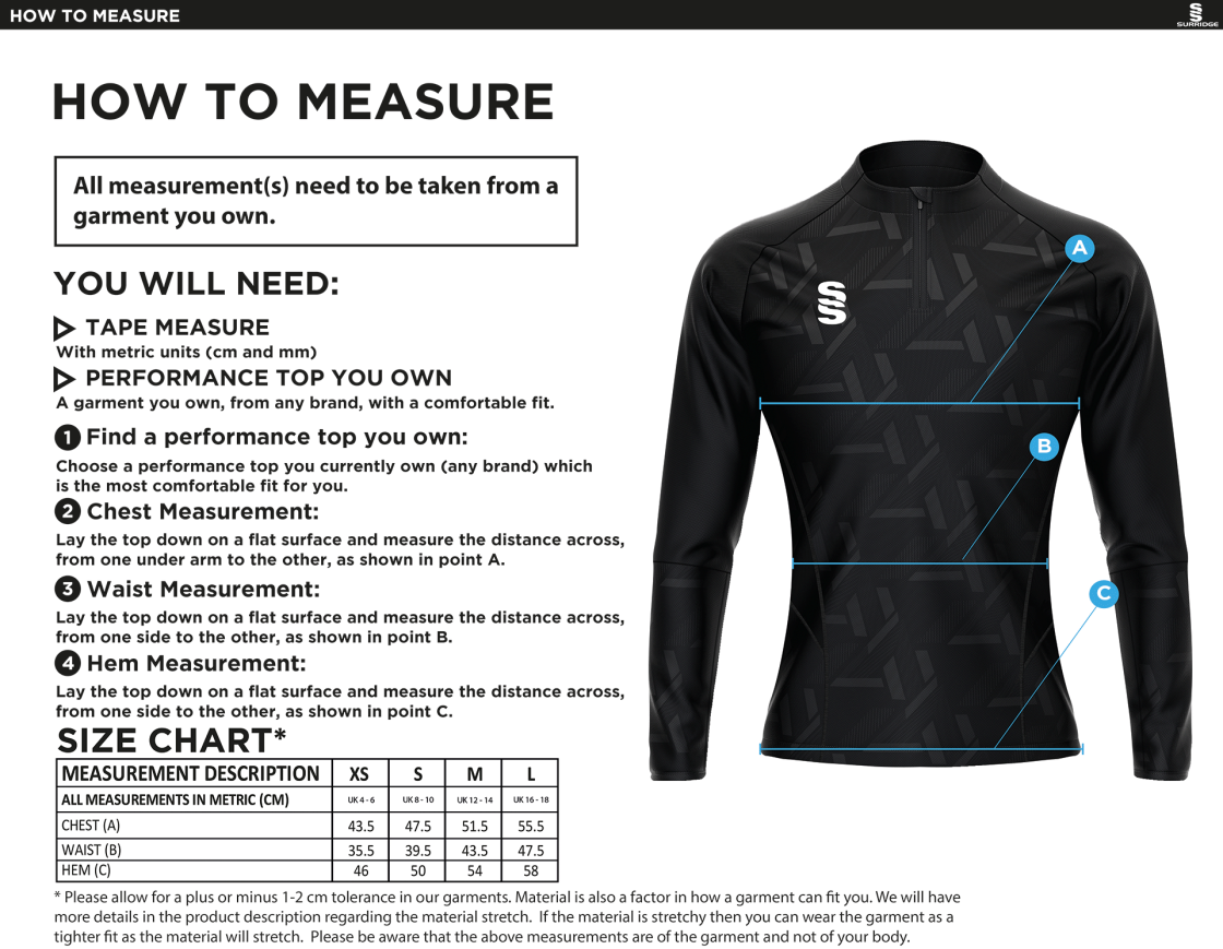 Olton WWHC - Impact 1/4 Zip Performance Top - Women's Fit - Size Guide