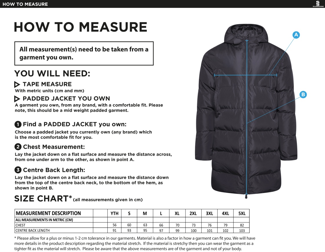 Olton & West Warwickshire Hockey Club Full Length Sub Coat - Size Guide