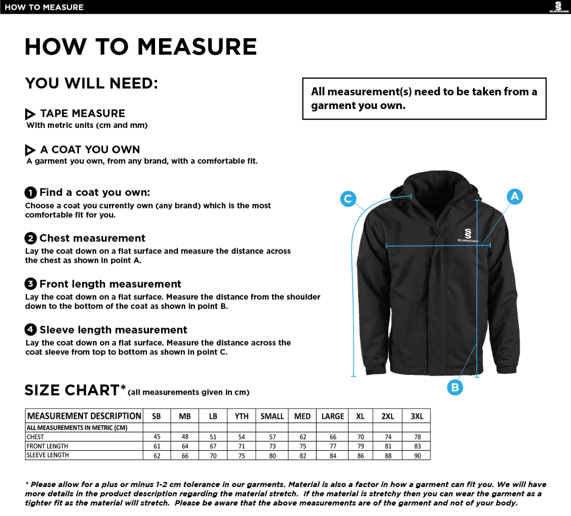 Olton & West Warwickshire Hockey Club Fleece Line Jacket - Size Guide