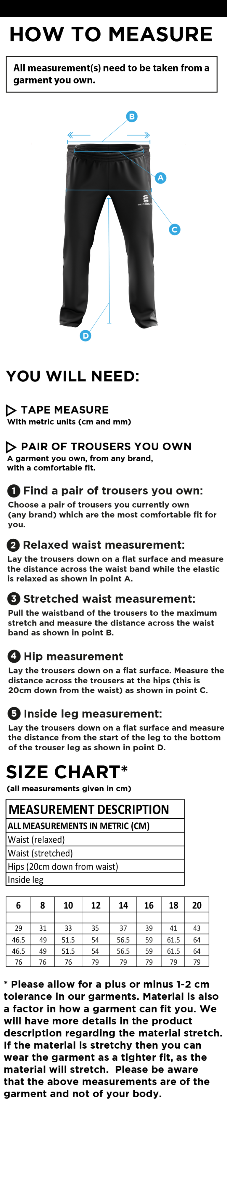 Olton & West Warwickshire Hockey Club - Dual Poplin Track Pant - Women's Fit - Size Guide