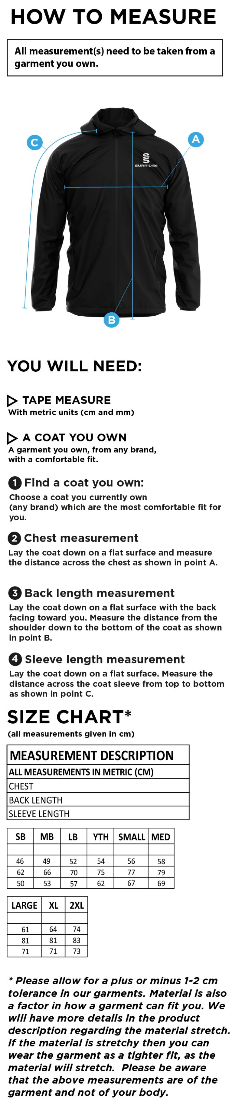 Olton WWHC - Dual Elite 1/4 Zip Hoody / Rain Jacket - Unisex Fit - Size Guide