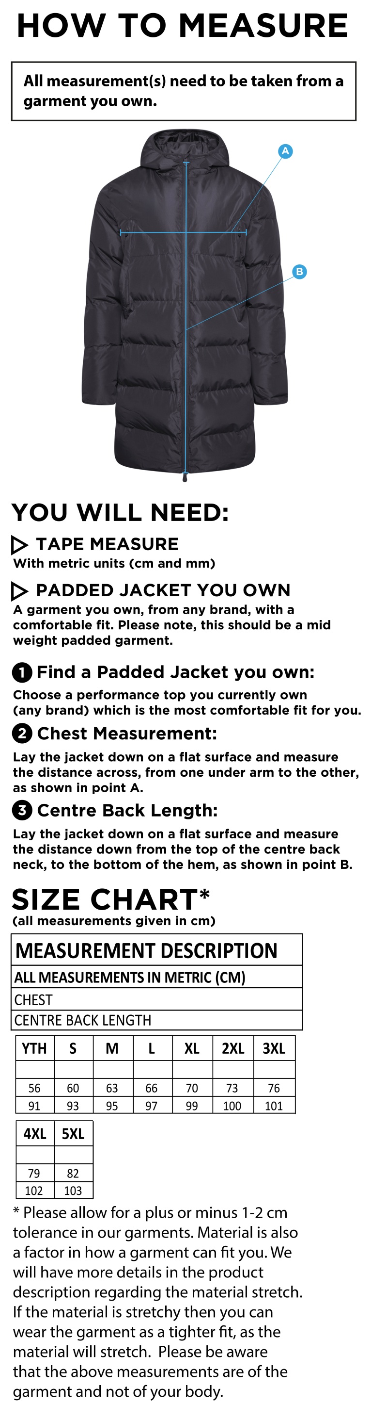 Olton & West Warwickshire Hockey Club Full Length Sub Coat - Size Guide