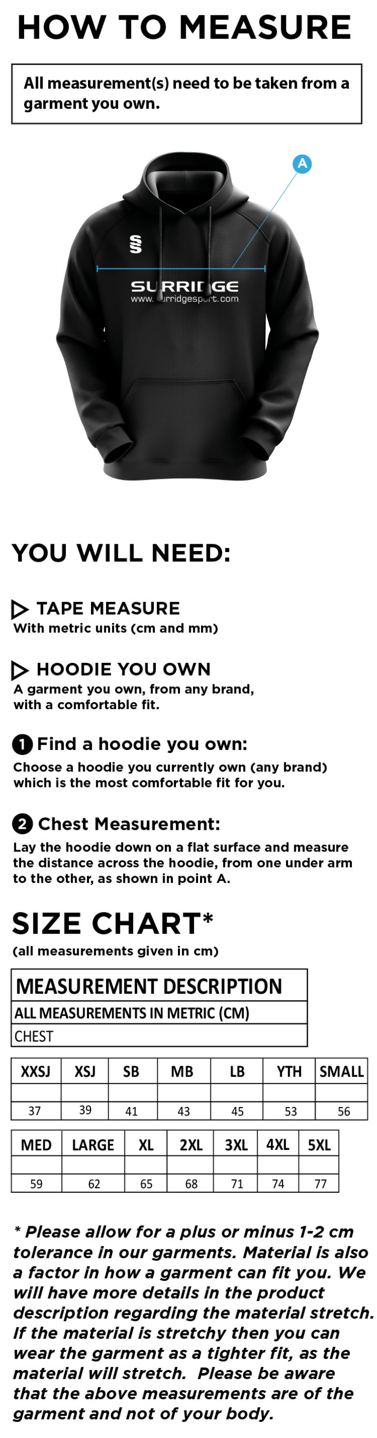 Olton WWHC - Fuse Hoody - Unisex Fit - Size Guide