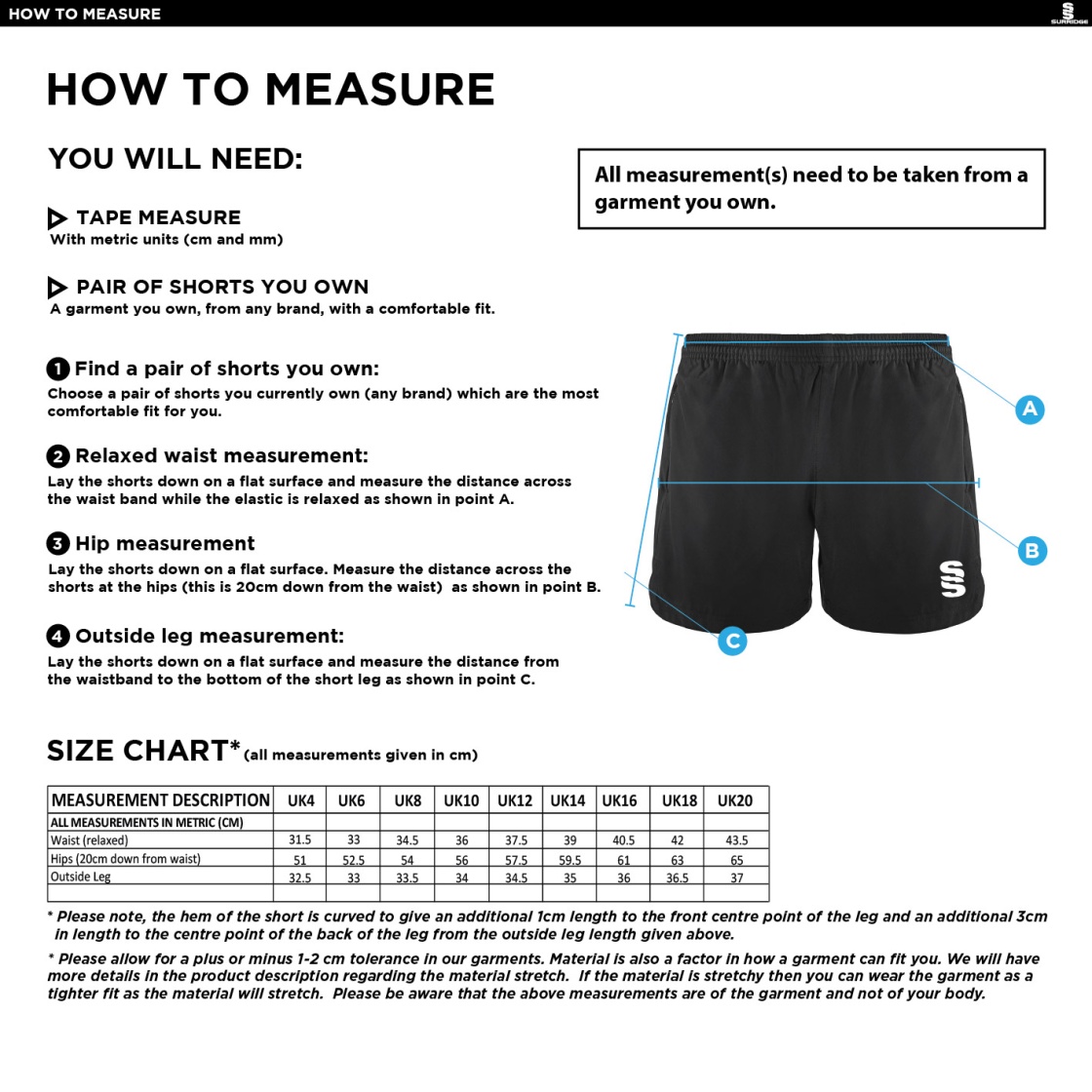 Olton WWHC - Performance Gym Short - Women's Fit - Size Guide
