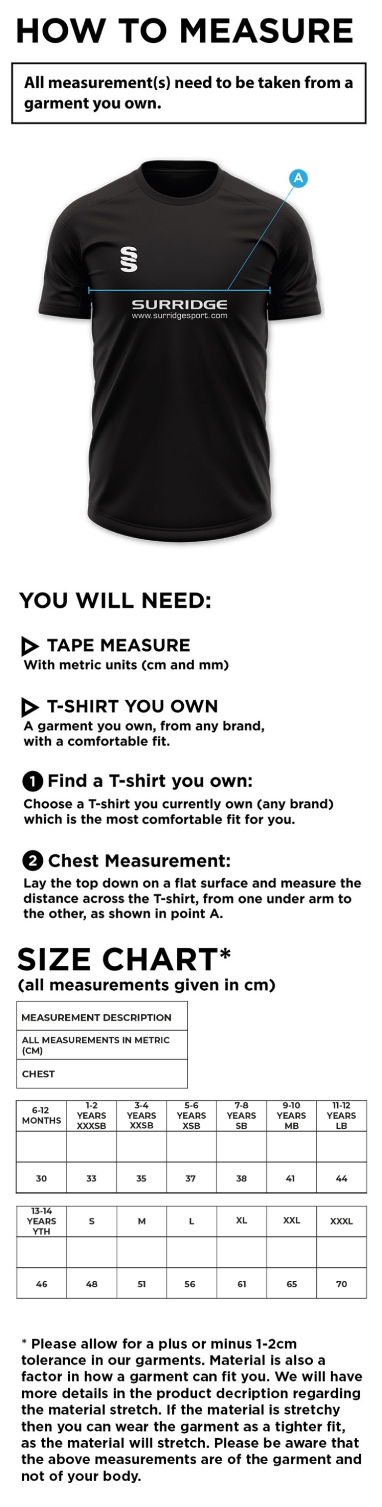 Olton WWHC - Away Shirt - Unisex Fit - Size Guide